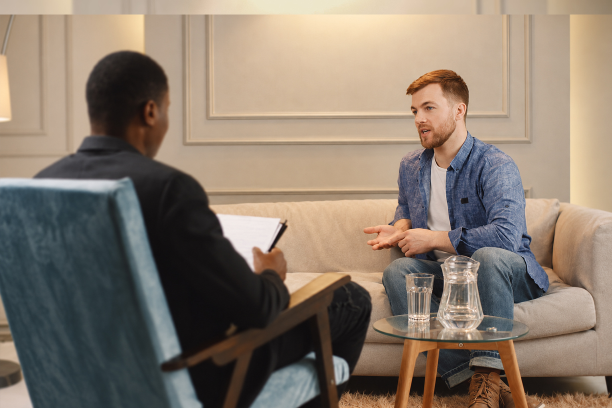 Two adults engaged in a supportive conversation